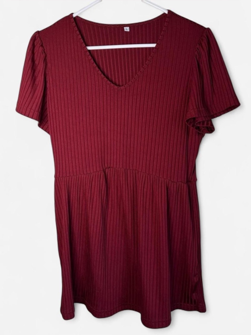 Burgundy Ribbed Babydoll Top - Size L - V Neck Short Sleeve Flowy